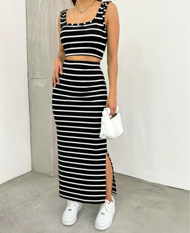 SET Crop Top | Jupe Midi à Rayures